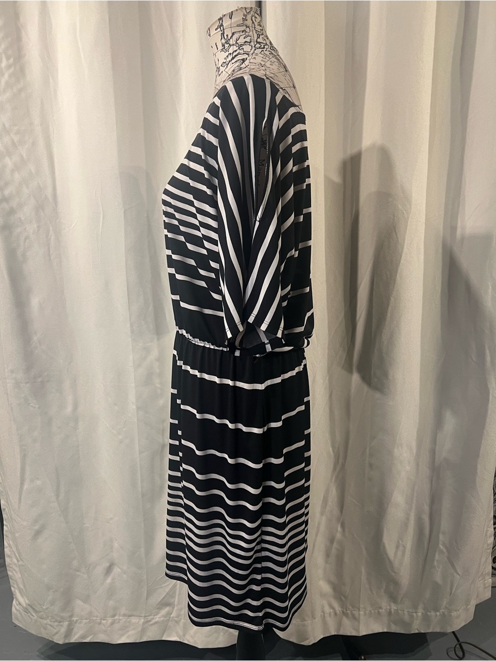 Perceptions Striped Black and White Elastic-Waist Midi Dress - Picture 6 of 10